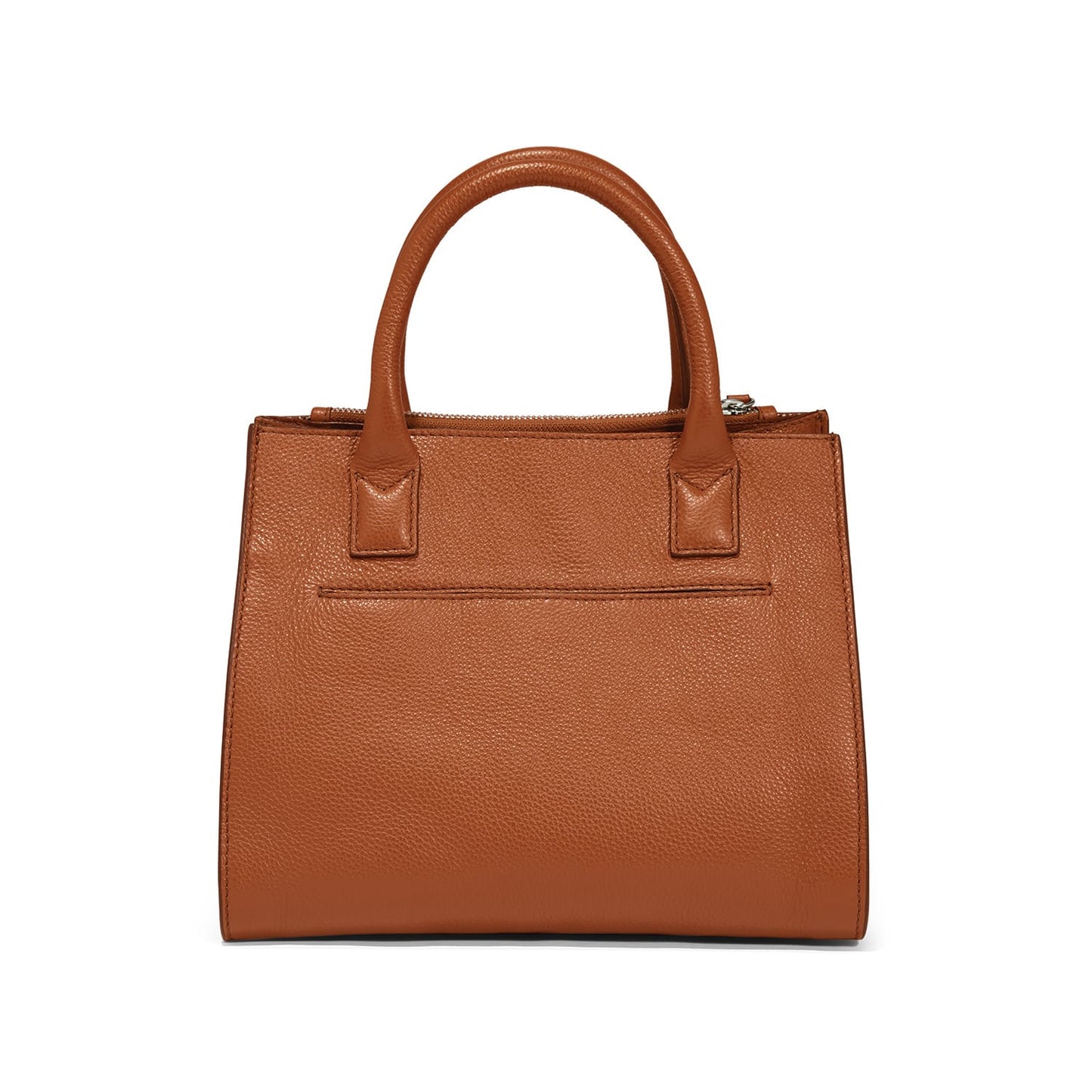 Brighton handbag shown from the back in tan pebbled leather with rolled top handles and slip pocket on a white background