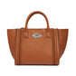 Brighton handbag in tan leather with braided trim, dual top handles, and silver-tone knot clasp on a white background