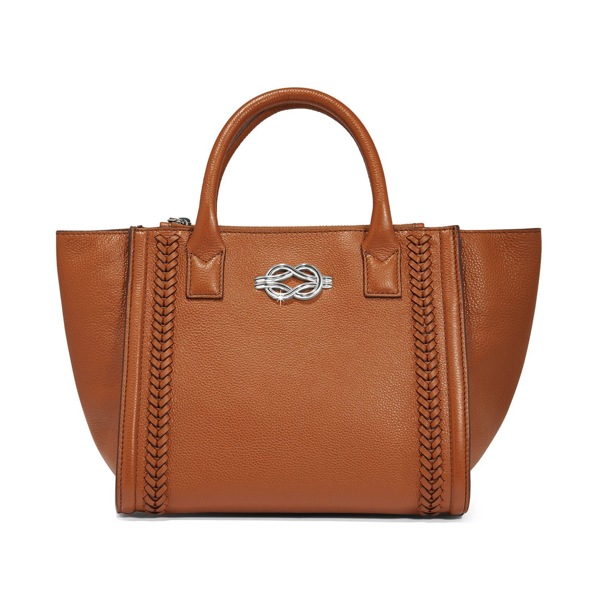 Brighton handbag in tan leather with braided trim, dual top handles, and silver-tone knot clasp on a white background