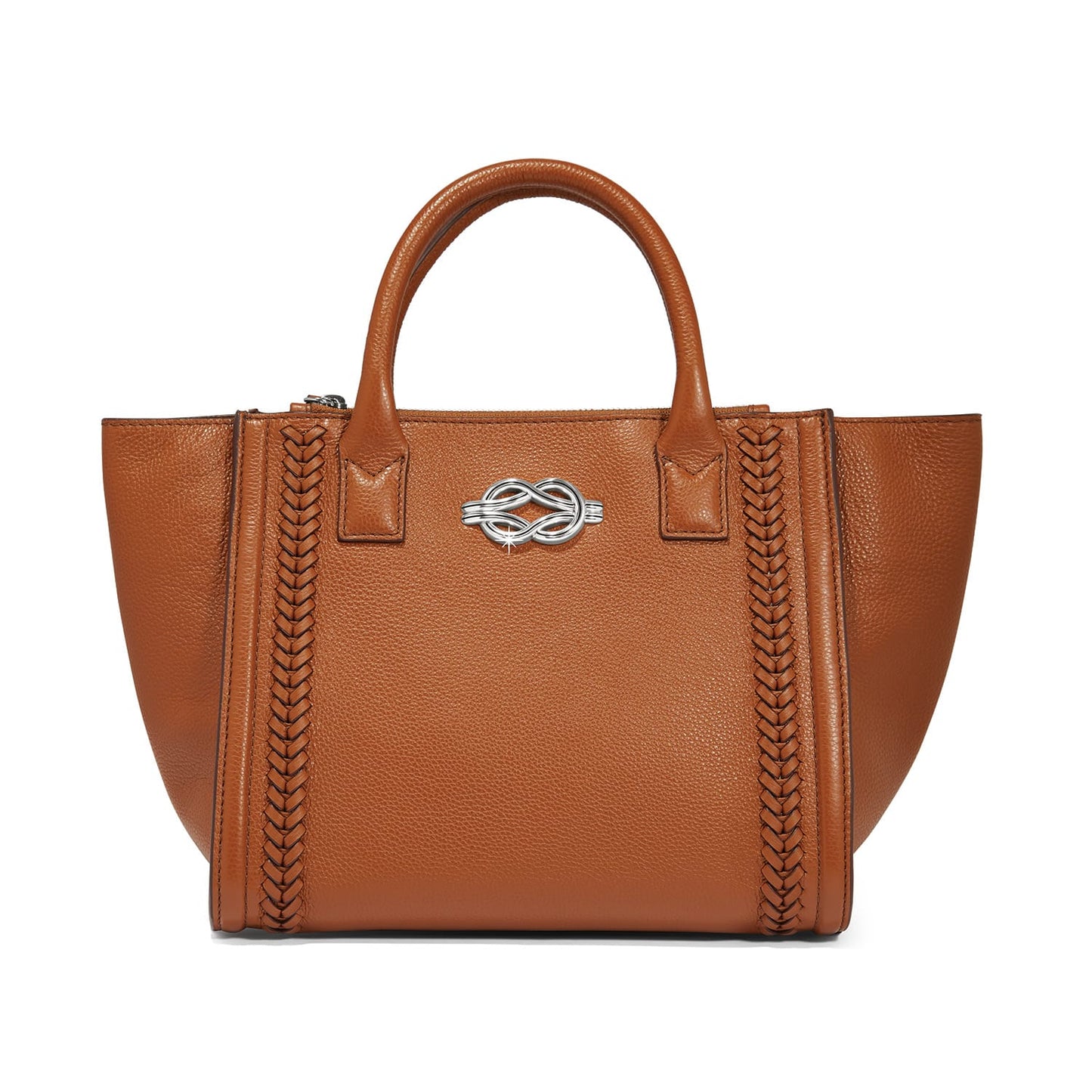 Brighton handbag in tan leather with braided trim, dual top handles, and silver-tone knot clasp on a white background