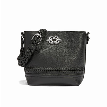 Brighton black pebbled leather handbag with braided strap, woven trim, and silver-tone knot emblem on a white background