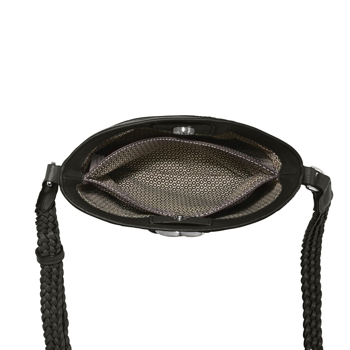 Brighton black leather crossbody handbag shown open with patterned interior lining and braided strap on a white background
