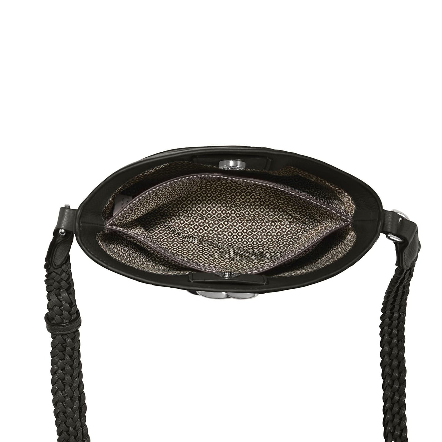 Brighton black leather crossbody handbag shown open with patterned interior lining and braided strap on a white background