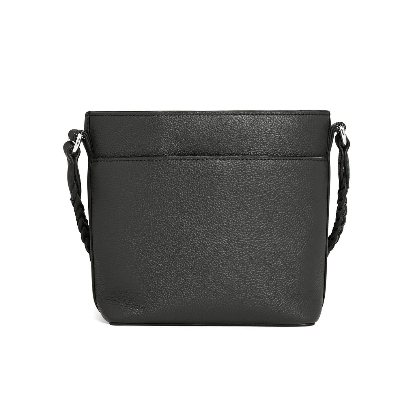 Brighton handbag shown from the back in black pebbled leather with braided shoulder strap on a white background
