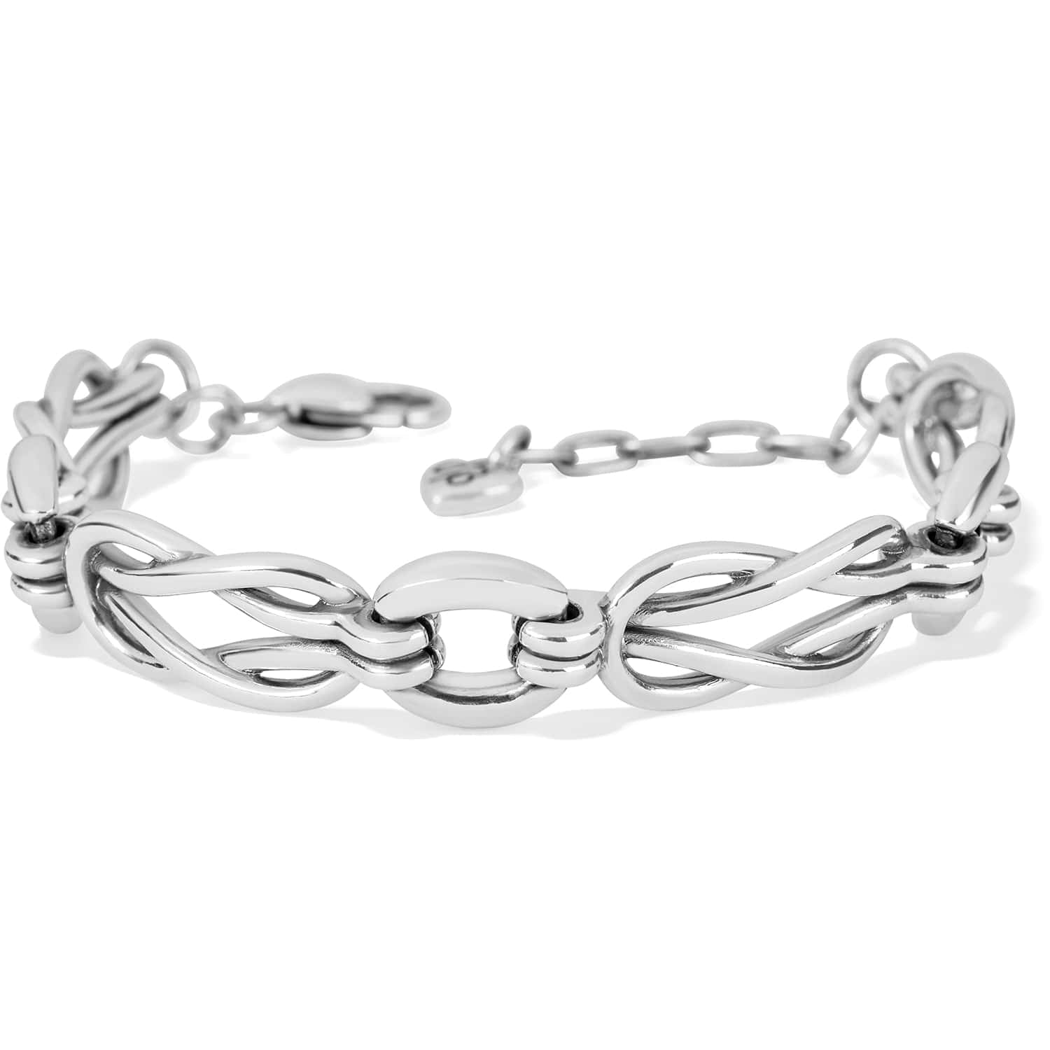 Brighton link bracelet with silver-plated interlocking loops, lobster clasp, and adjustable chain on a white background