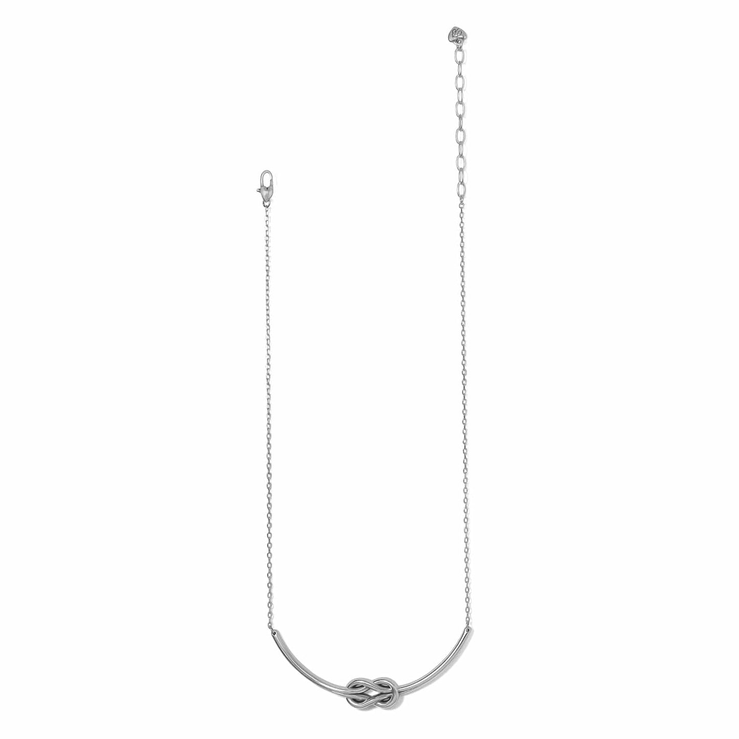 Brighton necklace with silver-plated curved bar featuring a central knot detail and delicate chain on a white background