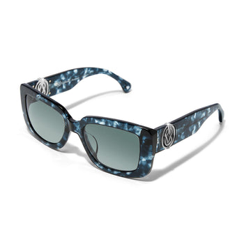 Brighton sunglasses with blue marbled rectangular frames, gradient lenses, and silver-tone scroll temple accents on a white background