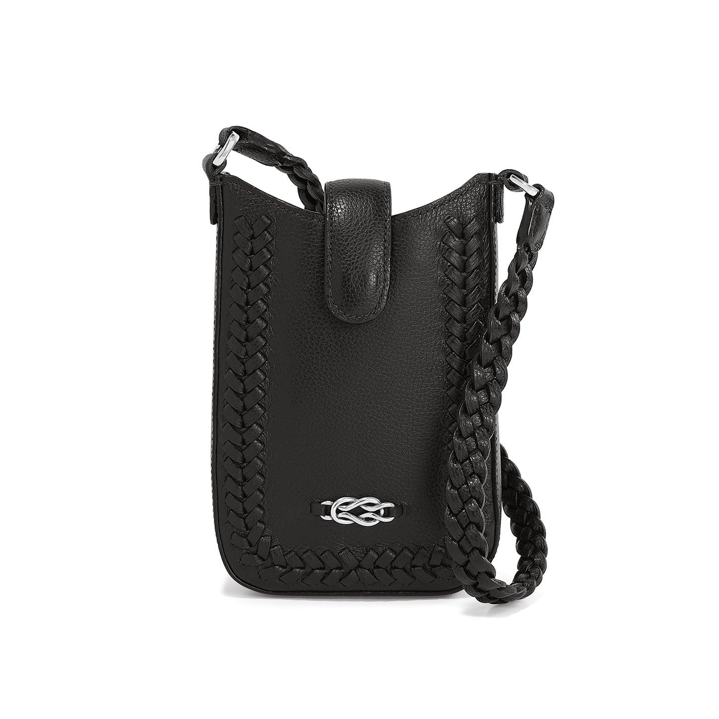 Brighton black leather crossbody phone bag with braided trim, silver-tone knot accent, and braided strap on a white background