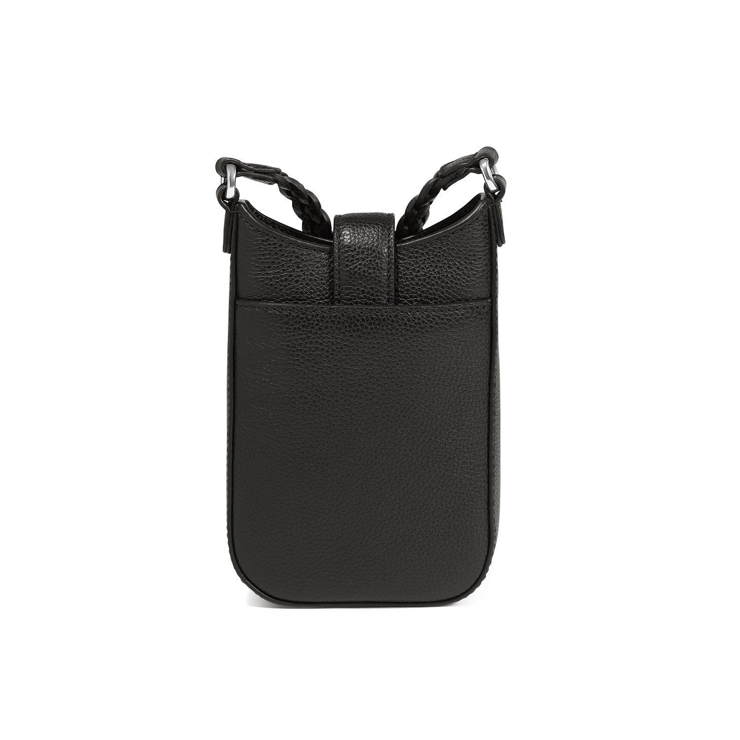 Brighton crossbody handbag shown from the back in black pebbled leather with braided strap accents on a white background