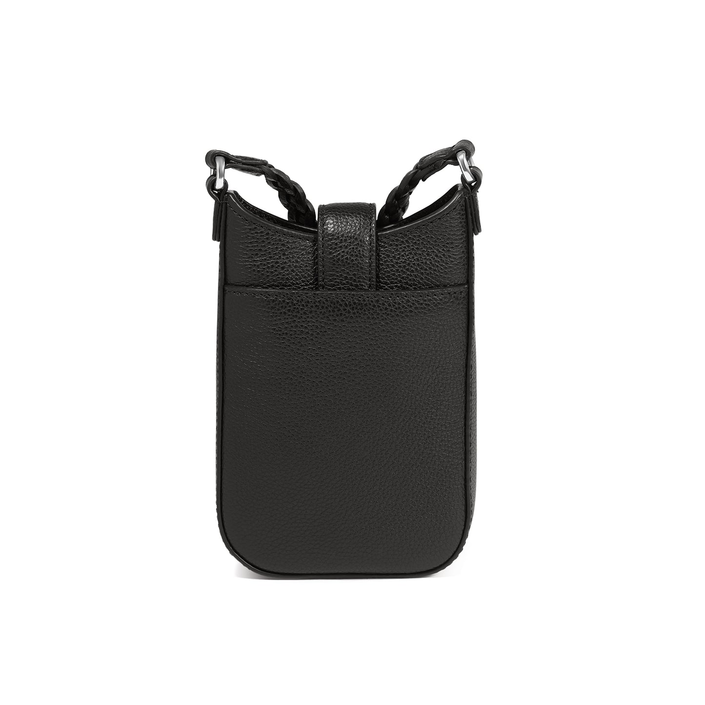 Brighton crossbody handbag shown from the back in black pebbled leather with braided strap accents on a white background
