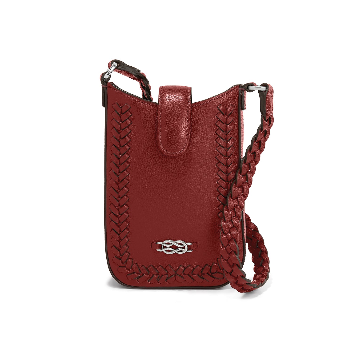 Brighton crossbody phone bag in red leather with braided trim, silver-tone knot accent, and braided strap on a white background