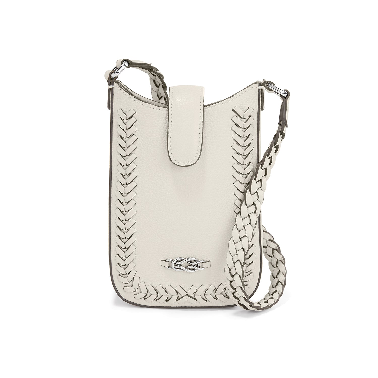 Brighton crossbody handbag in white leather with braided strap, whipstitch trim, and silver-tone knot accent on a white background