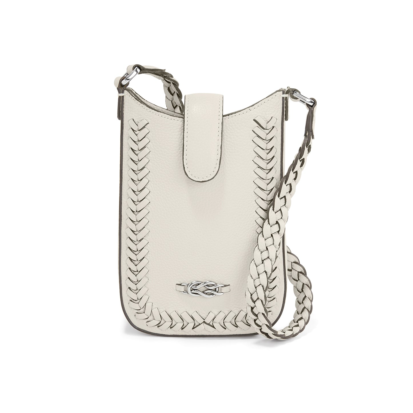 Brighton crossbody handbag in white leather with braided strap, whipstitch trim, and silver-tone knot accent on a white background