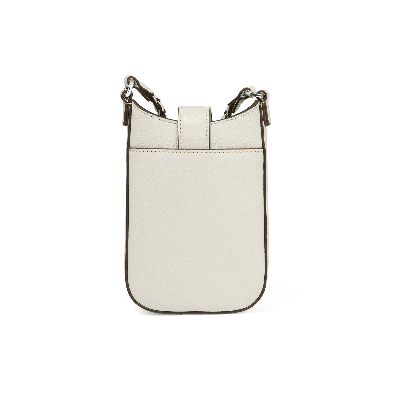 Brighton crossbody handbag shown from the back in cream pebbled leather with chain strap accents on a white background