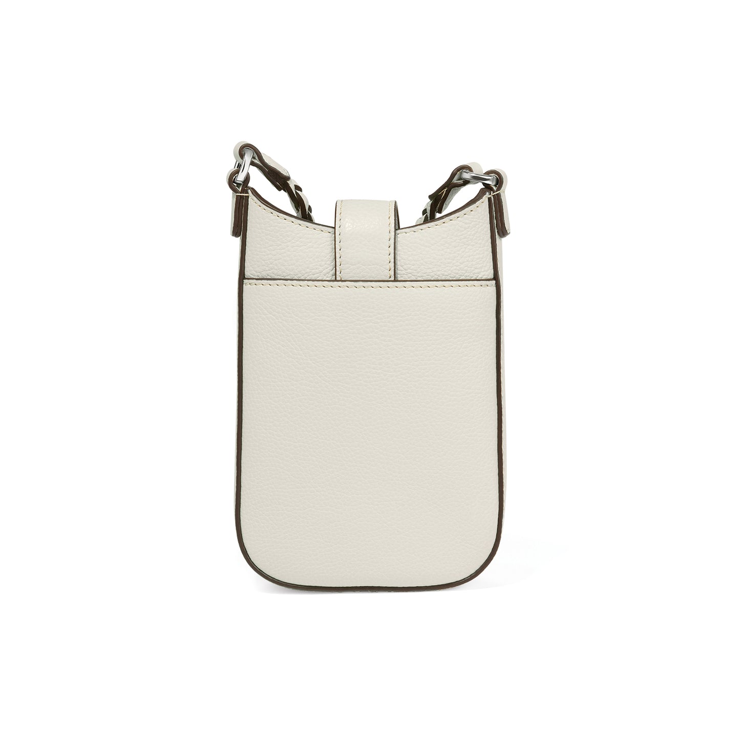 Brighton crossbody handbag shown from the back in cream pebbled leather with chain strap accents on a white background