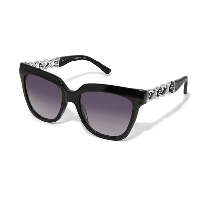 Brighton square sunglasses with black frames, gradient lenses, and silver-tone chain link temple detailing on a white background