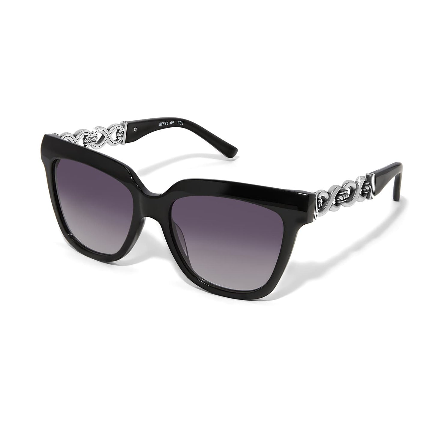 Brighton square sunglasses with black frames, gradient lenses, and silver-tone chain link temple detailing on a white background