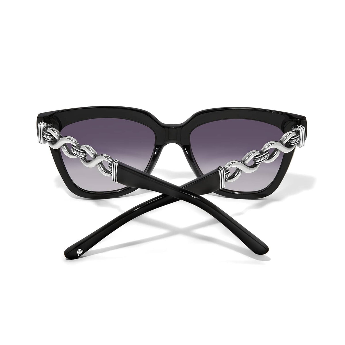 Brighton black square sunglasses shown from the back with silver-tone chain link temple accents on a white background