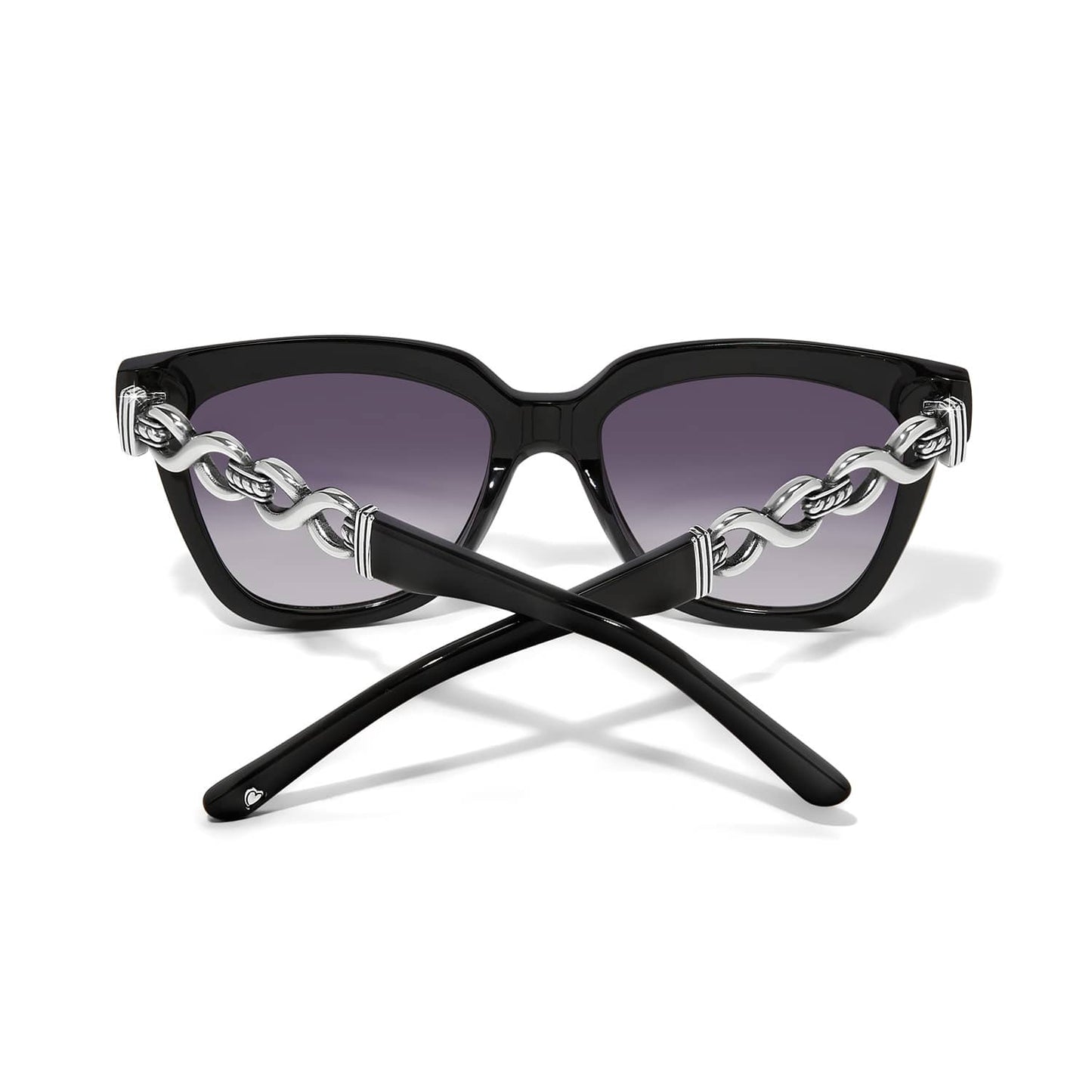Brighton black square sunglasses shown from the back with silver-tone chain link temple accents on a white background