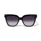 Brighton sunglasses with black square frames and gradient purple to gray tinted lenses on a white background