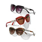 Brighton sunglasses trio in black, red, and tortoise frames with silver-tone decorative temple accents on a white background