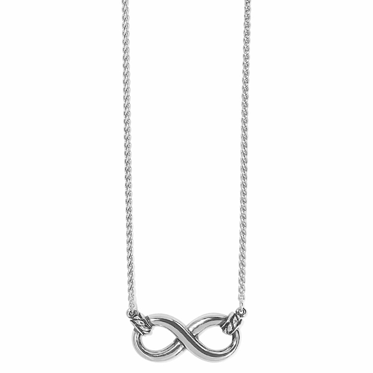 Brighton pendant necklace with silver-plated infinity symbol charm on a delicate chain on a white background