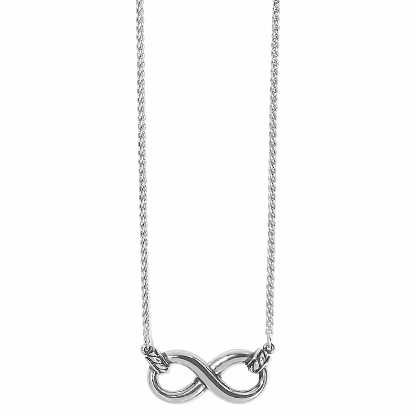 Brighton pendant necklace with silver-plated infinity symbol charm on a delicate chain on a white background