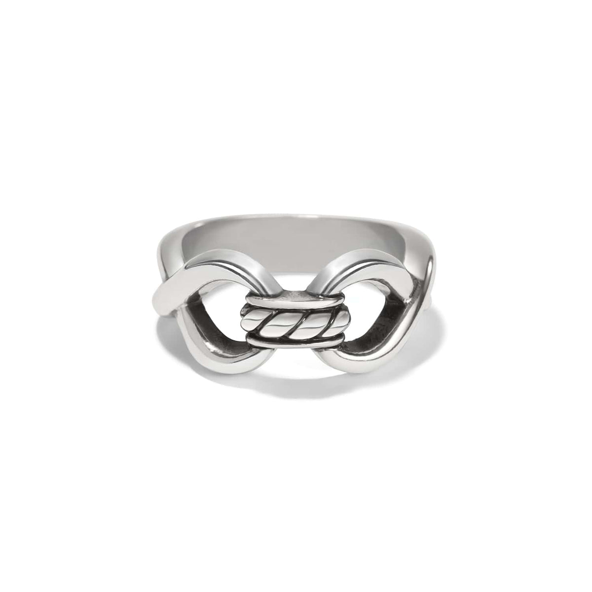 Brighton ring with silver-plated interlocking link design and twisted rope center detail on a white background