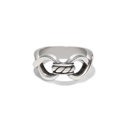 Brighton ring with silver-plated interlocking link design and twisted rope center detail on a white background