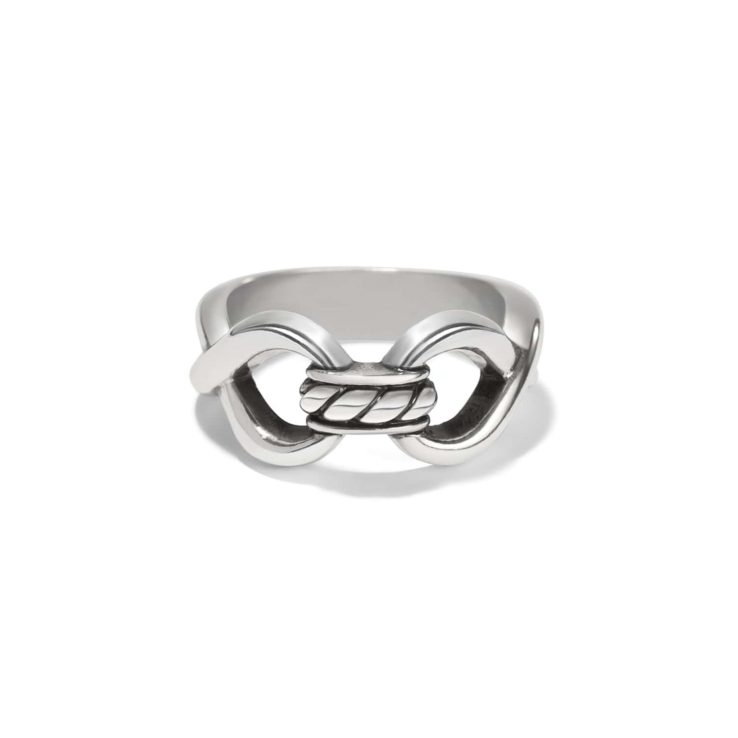 Brighton ring with silver-plated interlocking link design and twisted rope center detail on a white background
