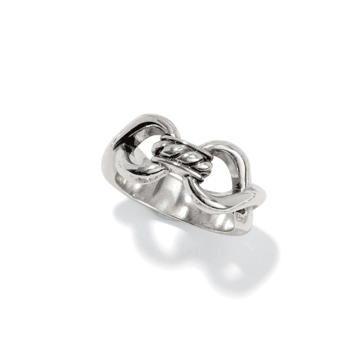 Brighton ring with silver-plated interlocking link design and twisted rope center detail on a white background