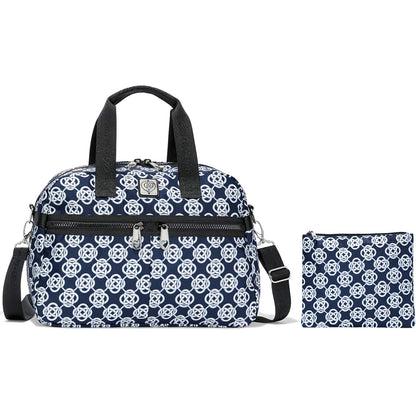 Brighton travel bag with navy and white Celtic knot print, black handles, and matching pouch on a white background