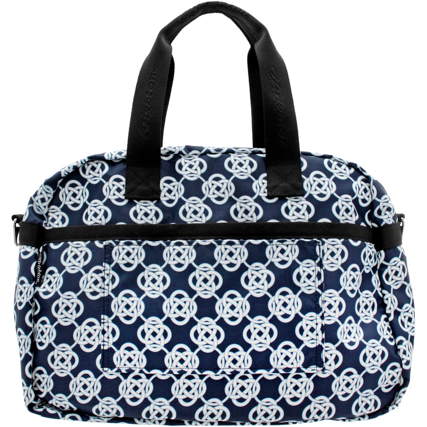 Brighton handbag with navy and white Celtic knot print, black top handles, and front pocket on a white background