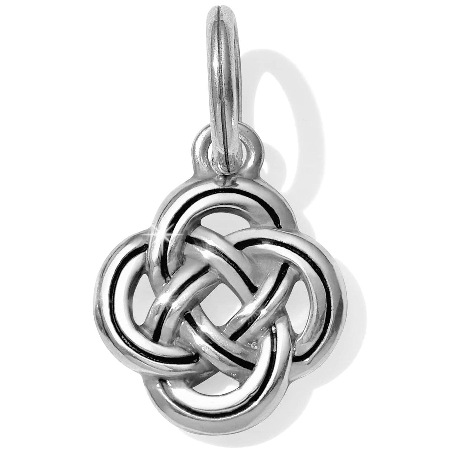 Brighton charm with silver-plated Celtic knot design and top loop for attachment on a white background