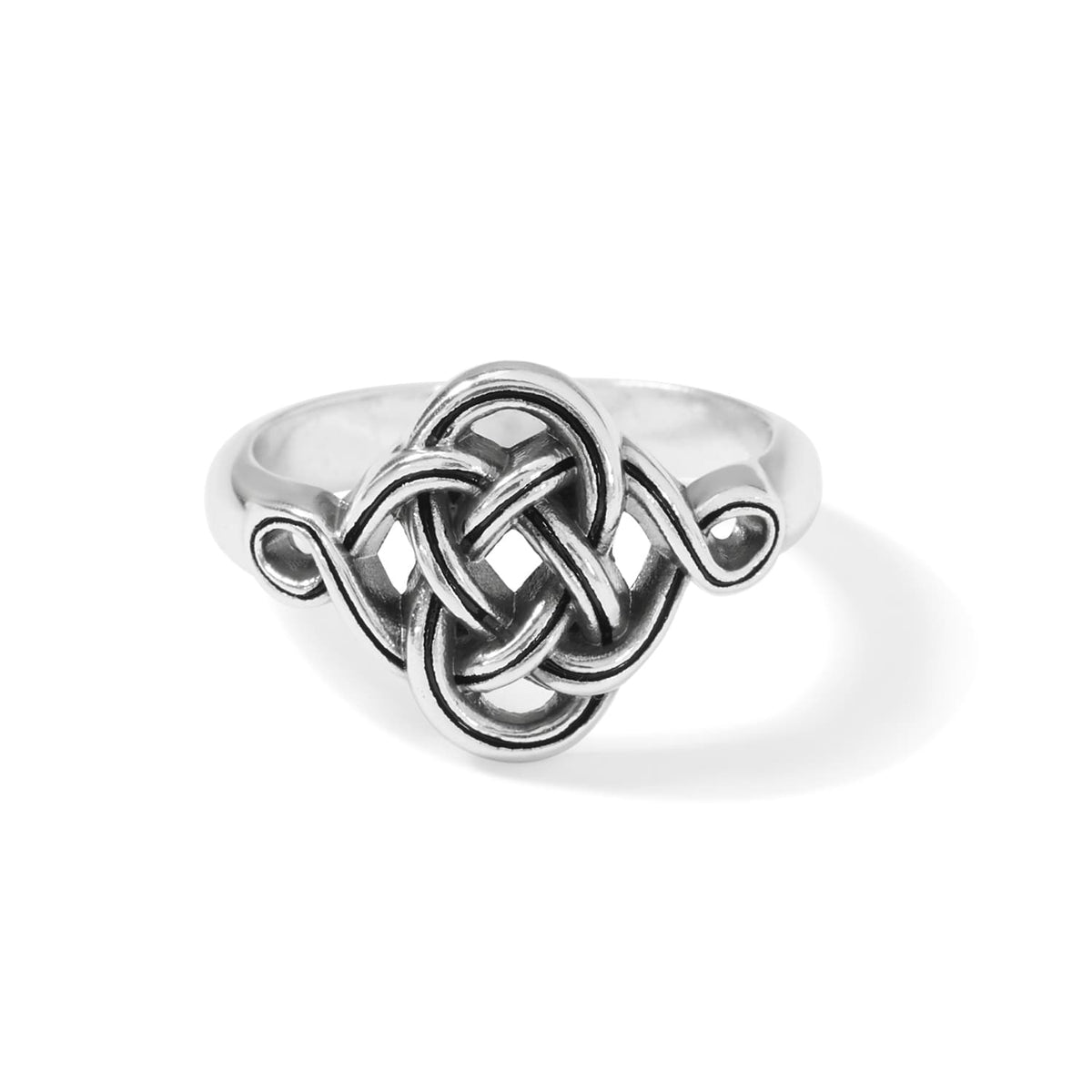 Brighton ring with silver-plated interwoven Celtic knot design and polished band on a white background