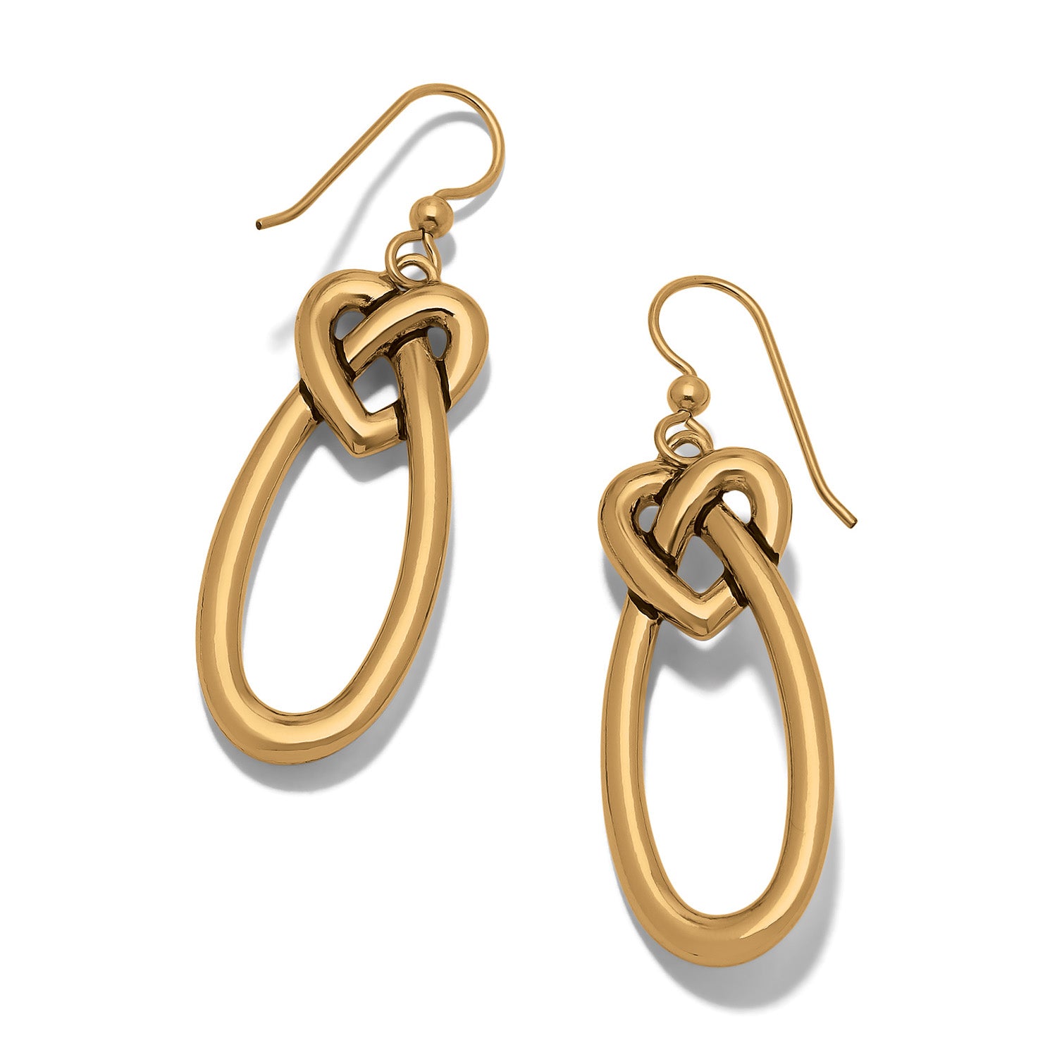 Brighton drop earrings with gold-plated heart knot and elongated oval loop on french hook wires on a white background