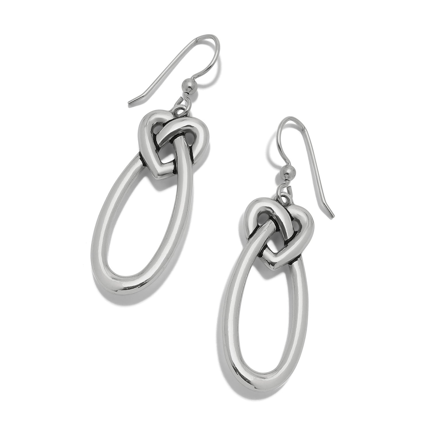 Brighton drop earrings with silver-plated heart knot links and elongated oval loops on a white background
