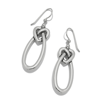 Brighton drop earrings with silver-plated heart knot links and elongated oval loops on a white background