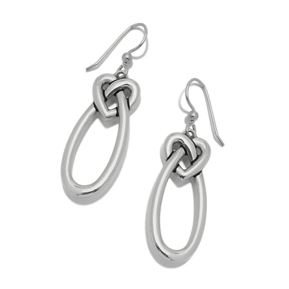 Brighton drop earrings with silver-plated heart knot links and elongated oval loops on a white background