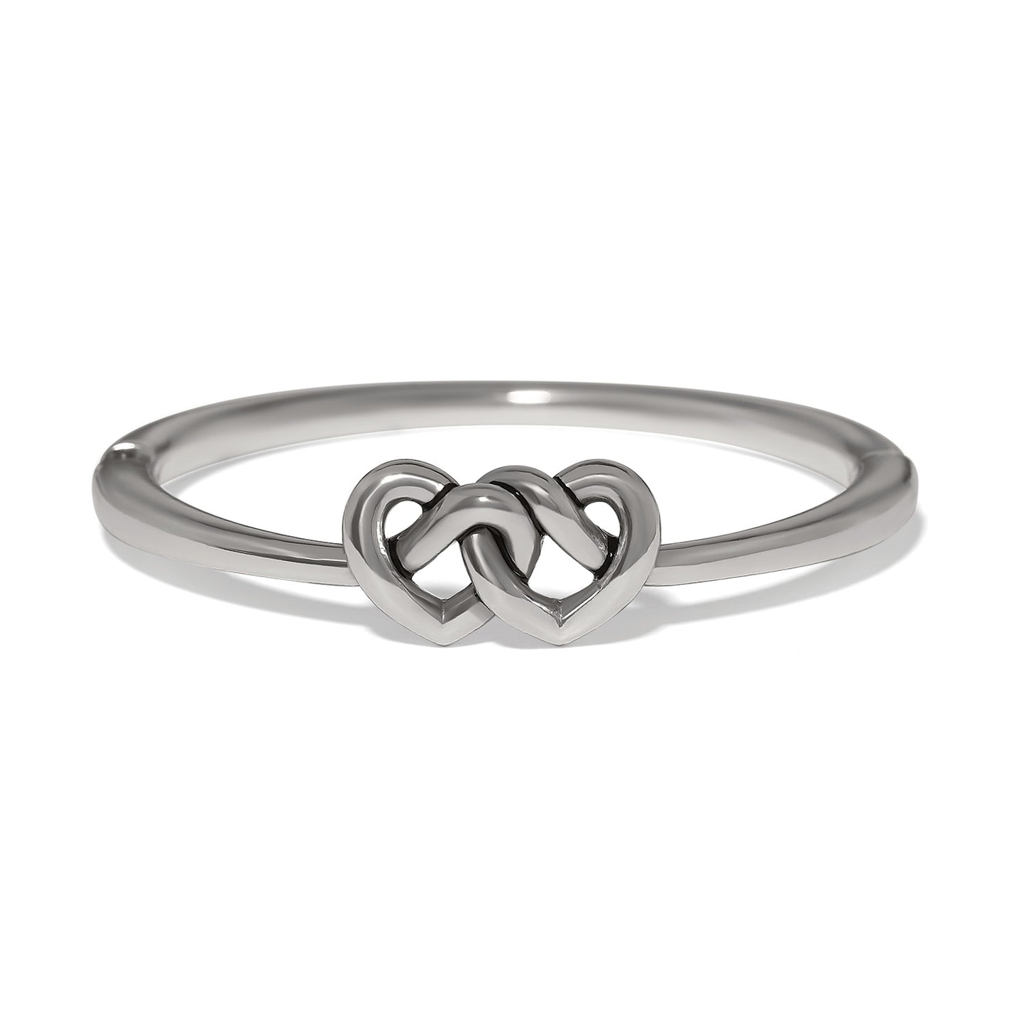 Brighton ring with silver-plated band featuring two interlocking heart motifs at the center on a white background