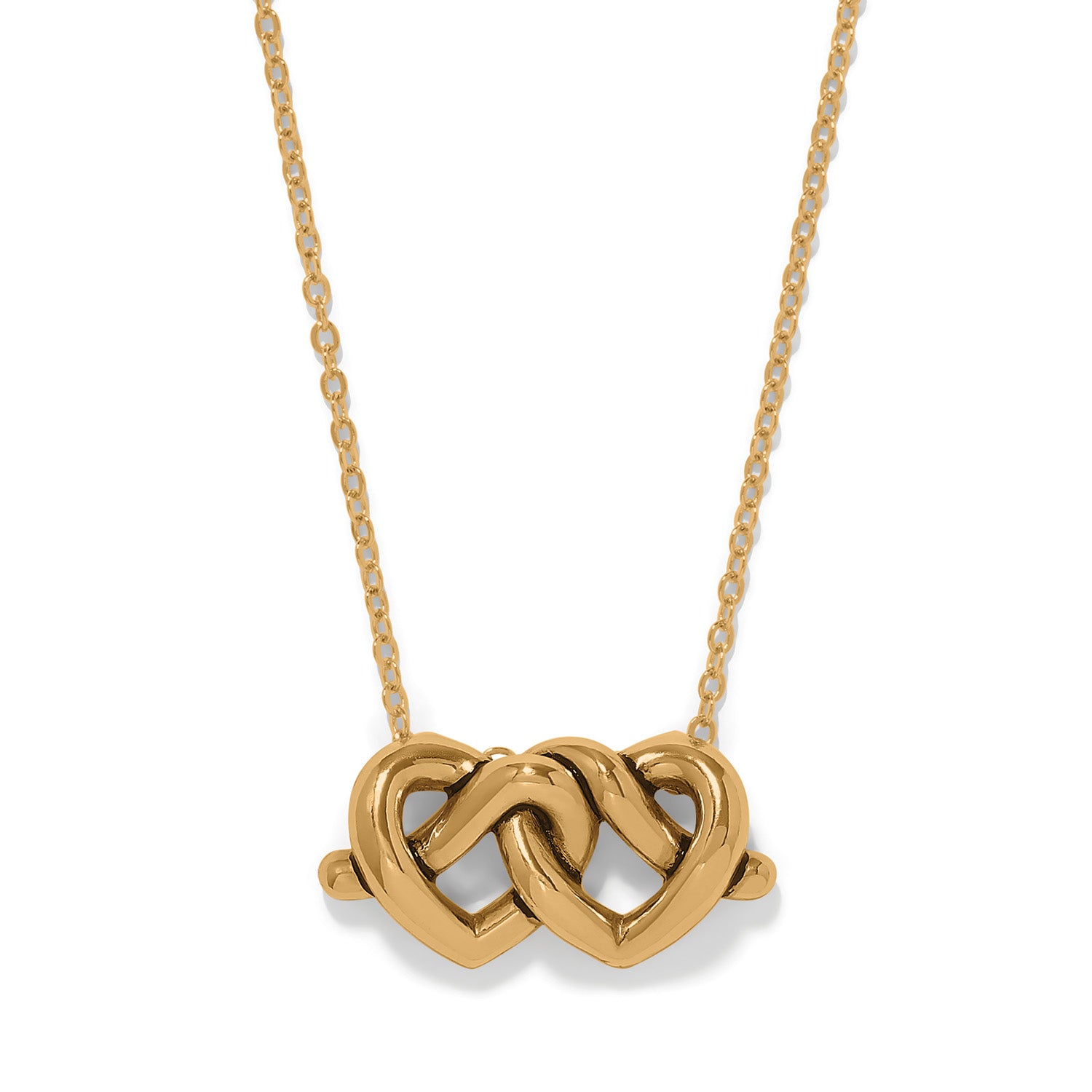 Brighton pendant necklace with two interlocking gold-plated hearts on a delicate chain on a white background