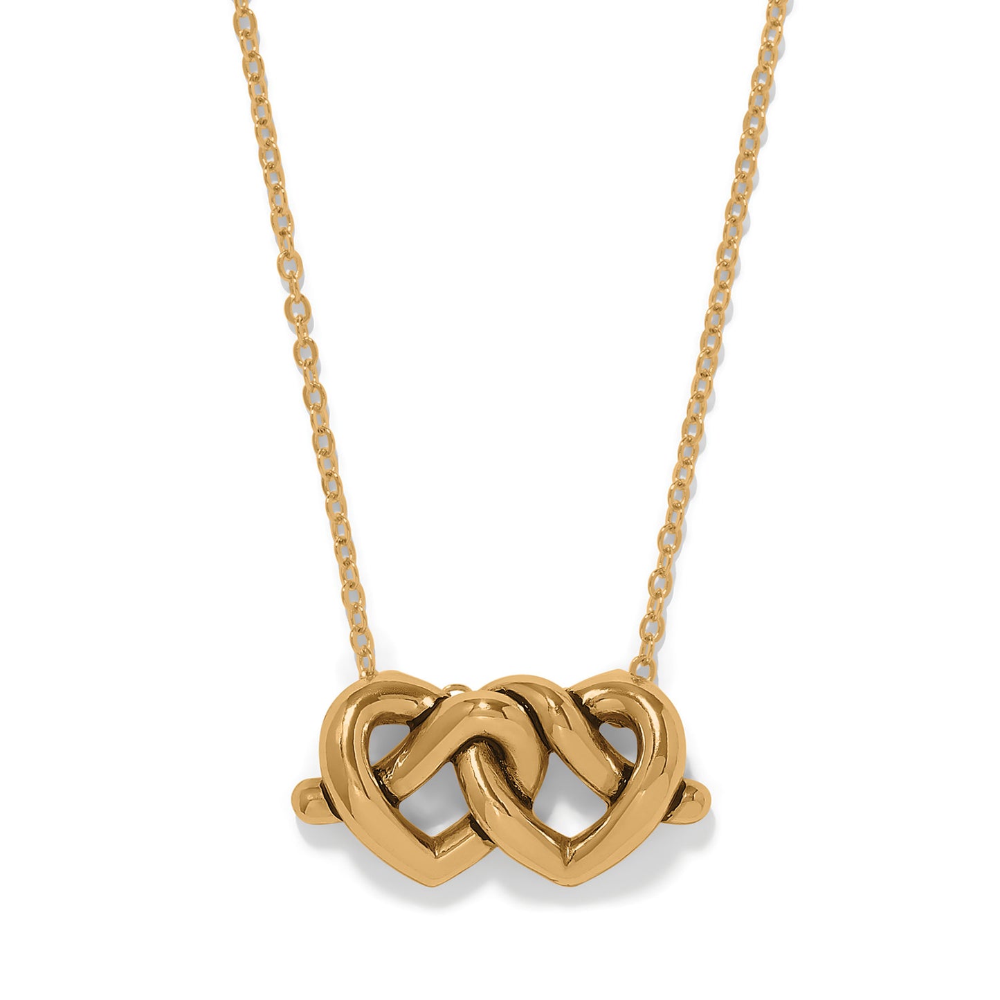 Brighton pendant necklace with gold-plated interlocking double heart design and delicate chain on a white background