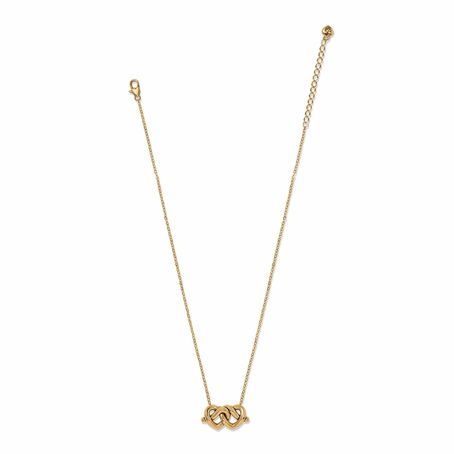 Brighton gold-plated necklace with interlocking double heart pendant and lobster clasp on a white background