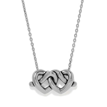 Brighton pendant necklace with two interlocking silver-plated hearts on a delicate chain on a white background