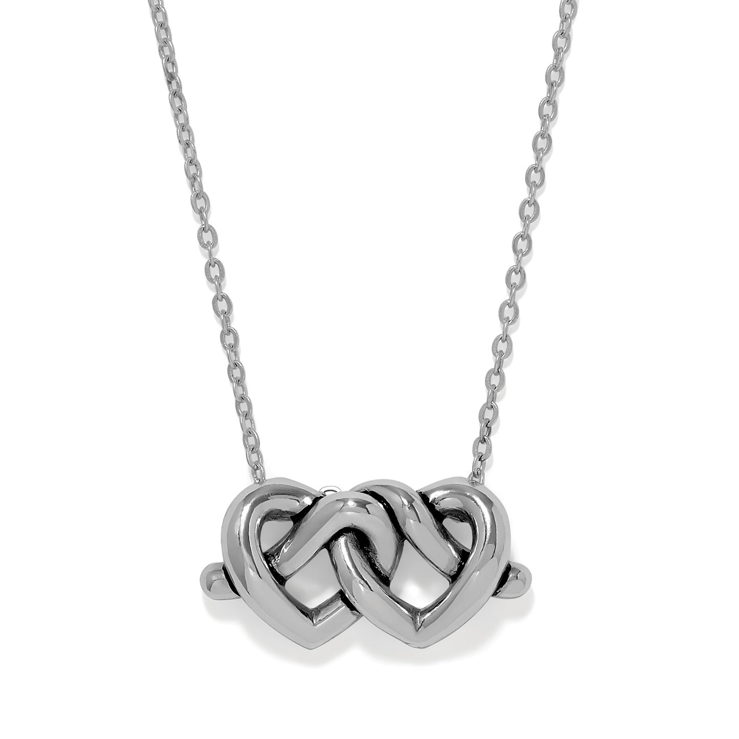 Brighton pendant necklace with two interlocking silver-plated hearts on a delicate chain on a white background