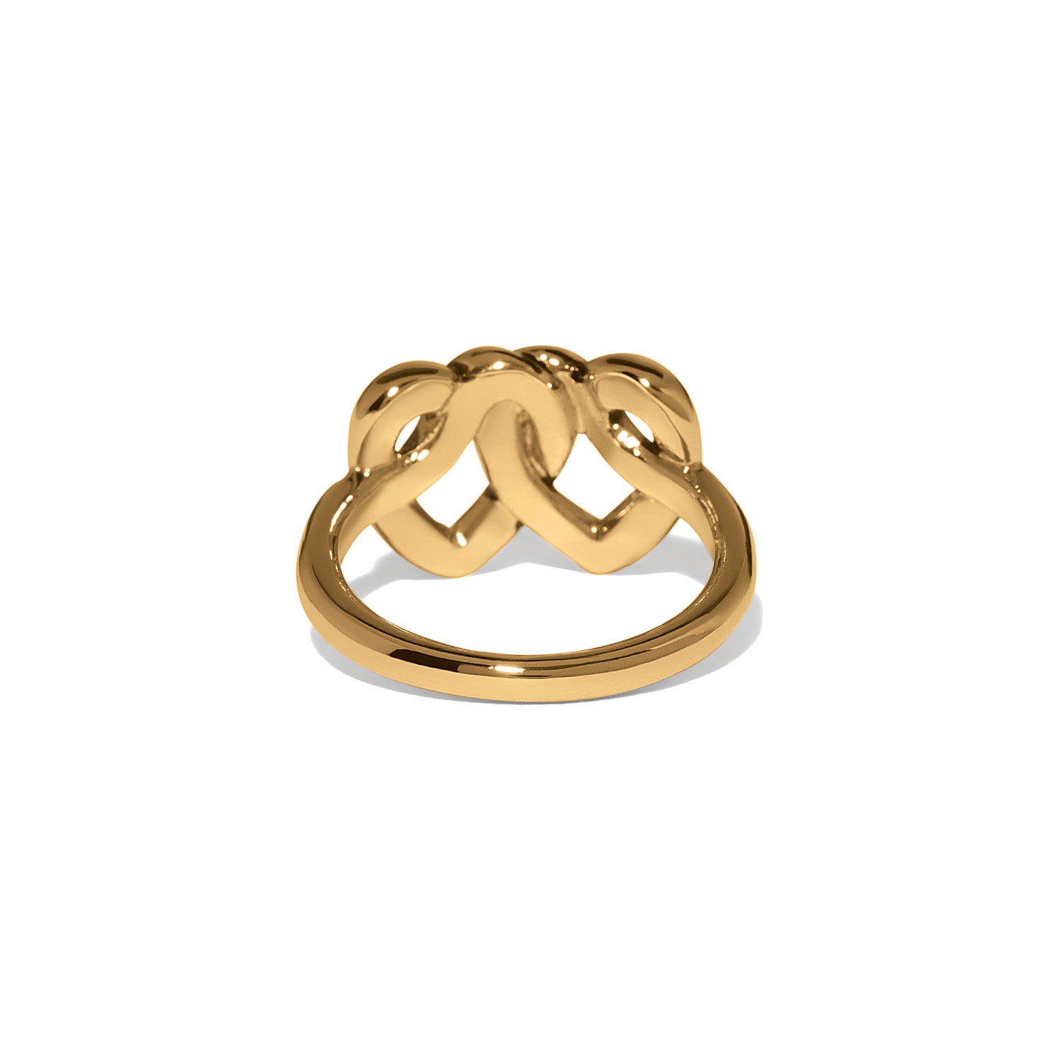 Brighton ring shown from the back with gold-plated interlocking heart design and polished band on a white background
