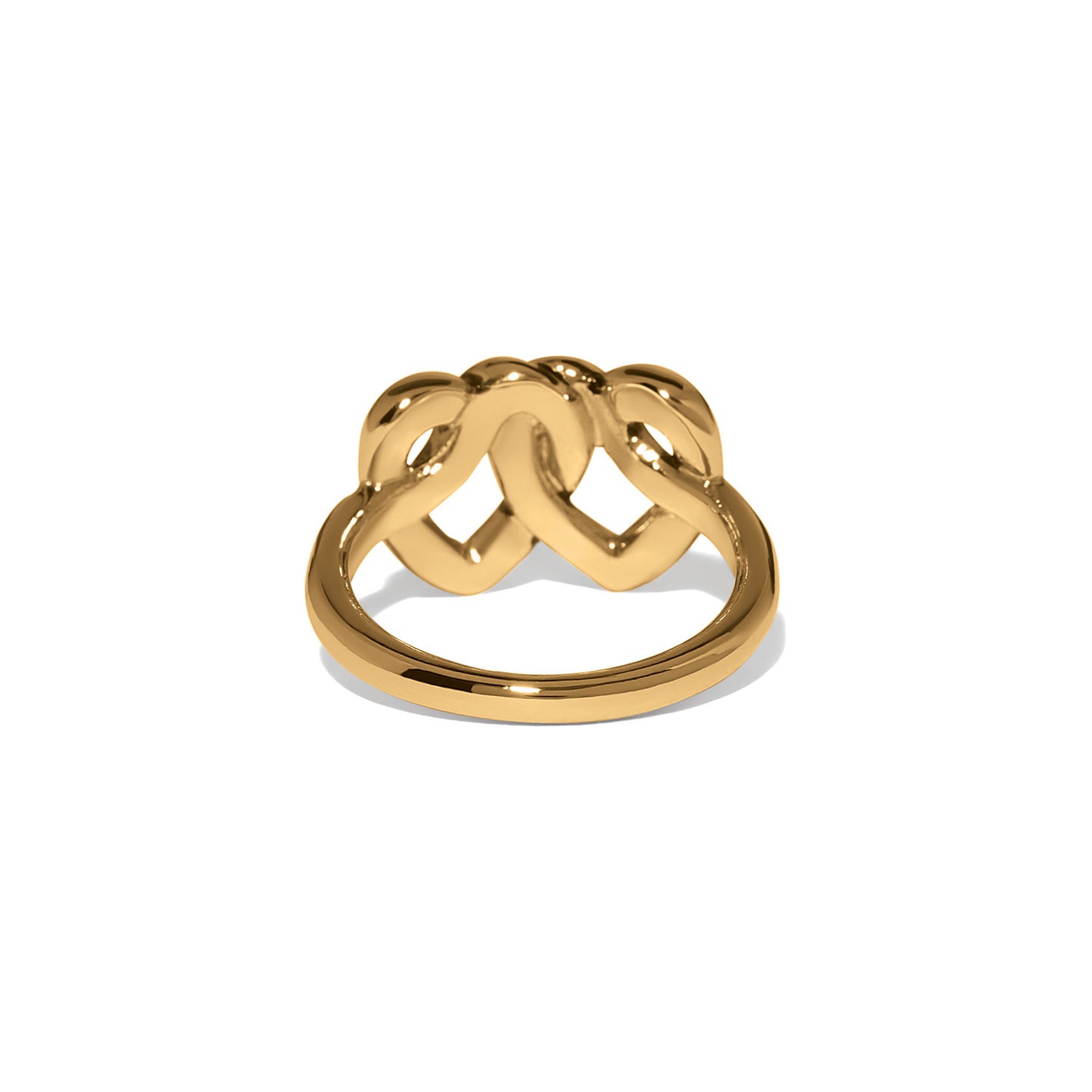 Brighton ring shown from the back with gold-plated interlocking heart design and polished band on a white background