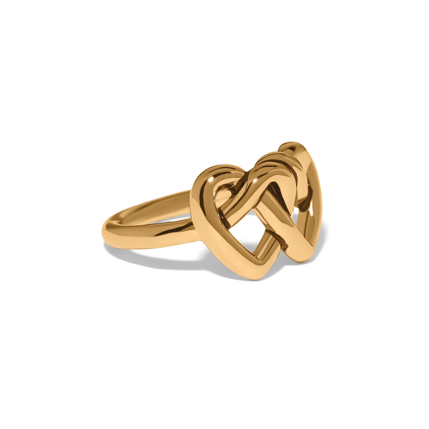 Brighton ring with gold-plated interlocking double heart design and polished band on a white background