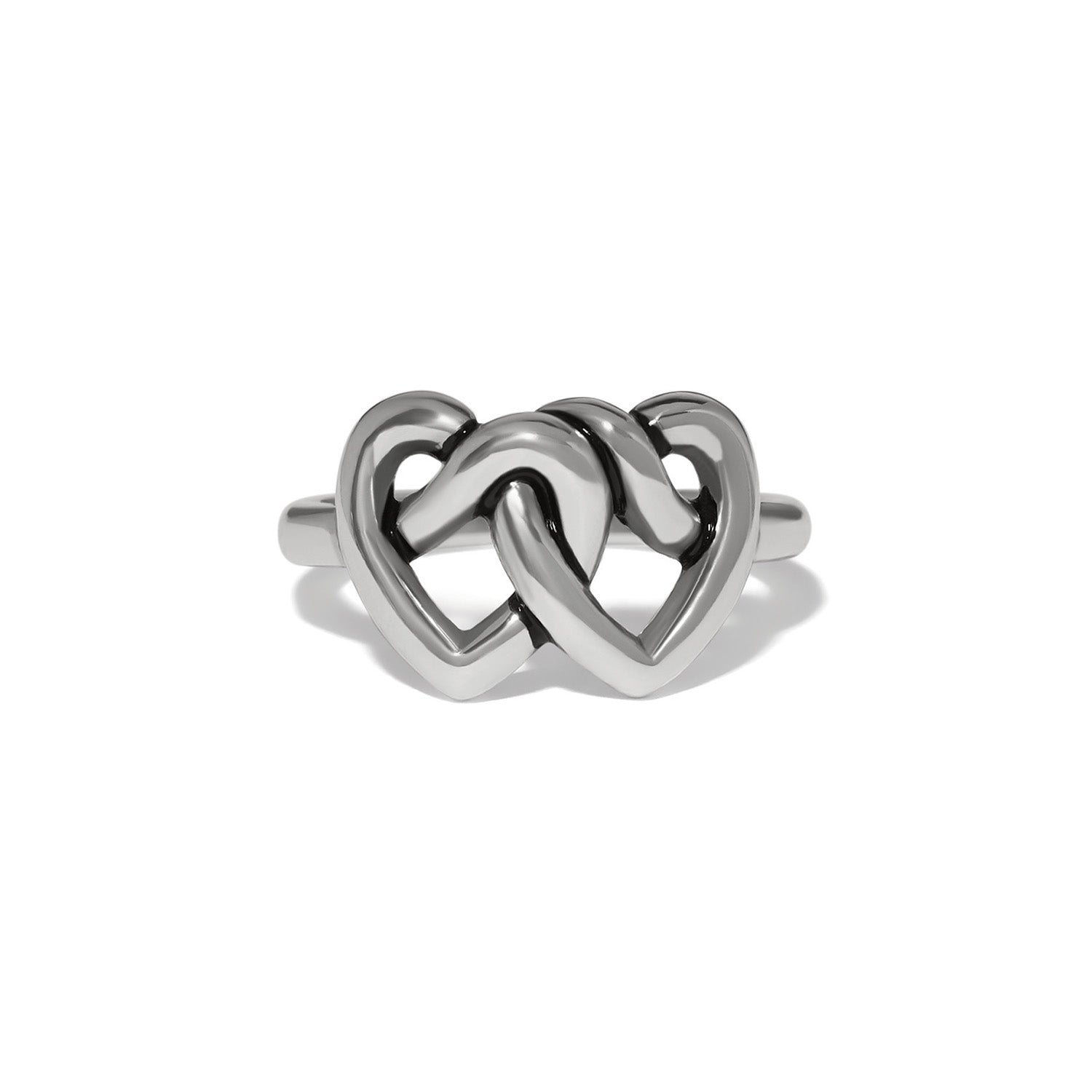 Brighton ring with two interlocking open hearts in silver-plated finish on a white background
