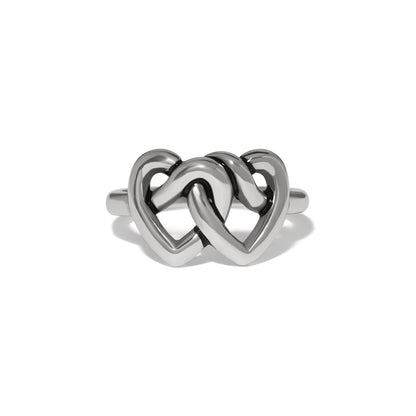 Brighton ring with two interlocking open hearts in silver-plated finish on a white background